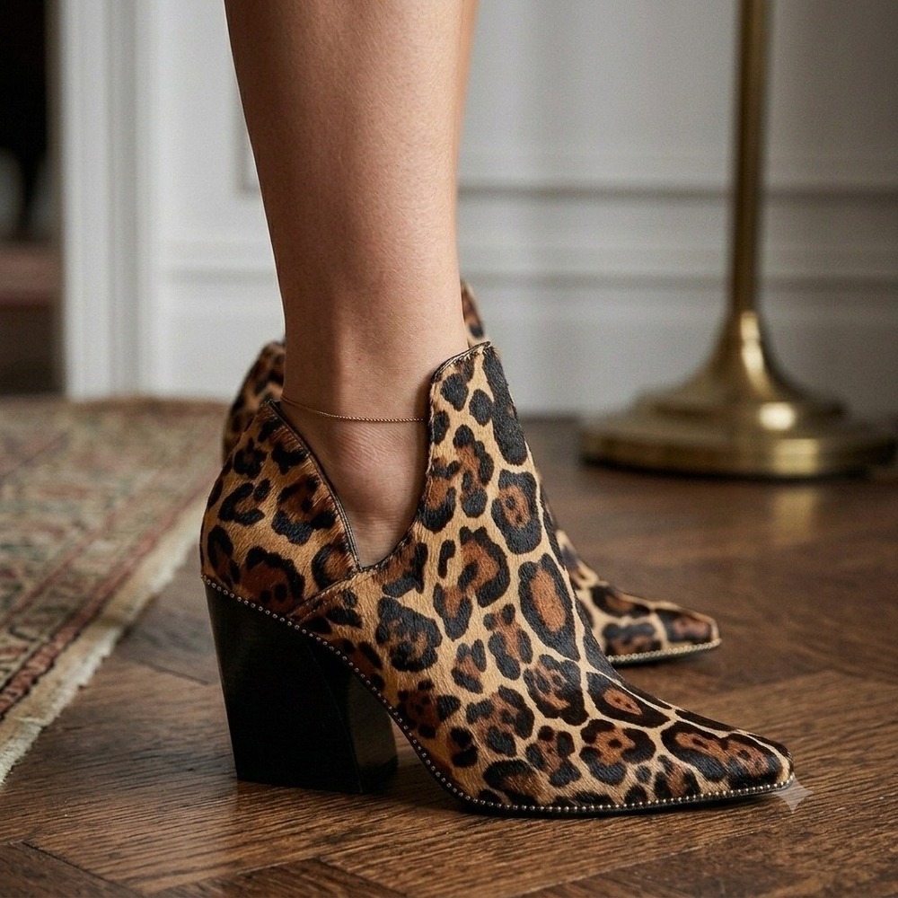 Antonio Melani Leopard Calf Hair Studded Block Heel Booties Brown 9.5M